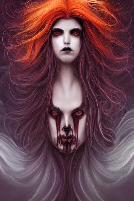 Image similar to bust of a prince of darkness , long hairs, gradient black red, dreamy and ethereal, orange eyes, golden ratio, vicious expression, ornate frilly suit,cloudy ghostly aspect, beautiful, dark fantasy, intricate, elegant, rainbow bubbles, highly detailed, digital painting, artstation, concept art, smooth,b sharp focus, illustration, black background art by artgerm and greg rutkowski and alphonse mucha