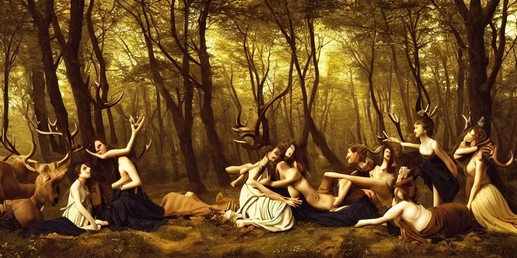 Image similar to beautiful oil matte portrait painting, women with antlers gathering in an ominous forest, wonderful masterpiece highly detailed, beautiful cinematic light deep focus, elegant, digital painting, smooth, sharp focus, golden ratio, dramatic illumination, ultra realistic, 8 k, art by artemisia lomi gentileschi and caravaggio