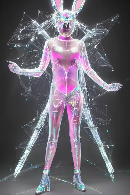 Image similar to full-body rococo and cyberpunk delicate crystalline sculpture of a muscular iridescent Bad Bunny as a humanoid deity wearing a thin see-through plastic hooded cloak sim roupa, posing like a superhero, glowing pink face, crown of white lasers, large diamonds, swirling black silk fabric. futuristic elements. oozing glowing liquid, full-length view. space robots. human skulls. throne made of bones, intricate artwork by caravaggio. Trending on artstation, octane render, cinematic lighting from the right, hyper realism, octane render, 8k, depth of field, 3D