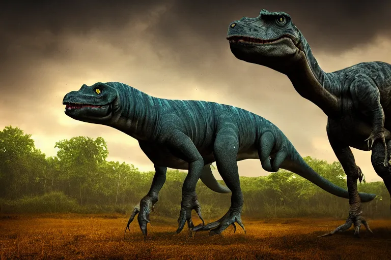 Prompt: Realistic photograph of a somber dinosaur standing in the distance in the style of Dark Naturalism, Jungle Grunge, twilight, glows, detailed, studio quality, hd image,