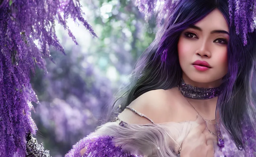 Image similar to beautiful Himalayan woman with purple cat-eyes, silver hair and black hair split, glowing crystals on the ground, somber, scene of a summer forest with glowing blue wisteria , 8k hdr pixiv dslr photo by Makoto Shinkai and Wojtek Fus