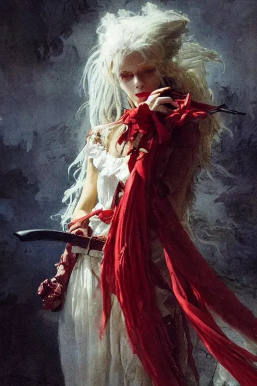 Image similar to a vampire with long light white hair and a red scarf, windy, ribbons, melancholic, modern maximalist fashion dress, is ( ( holding a sword ) ). light dust, magnificent, hyperdetailed, theatrical, painted by jean honore fragonard and greg rutkowski