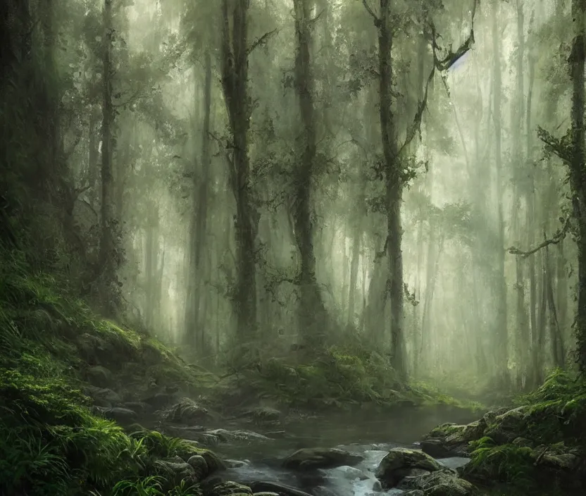 Image similar to most epic landscape, epic cinematic hyperrealism masterpiece. realistic poster with shaded lighting by craig mallismo, artgerm, jeremy lipkin and michael garmash, unreal engine, radiant light, detailed and complex environment, digital art, art station trends, environmental portrait, low angle, 3 5 mm, forest path, misty, vines, fern, moss