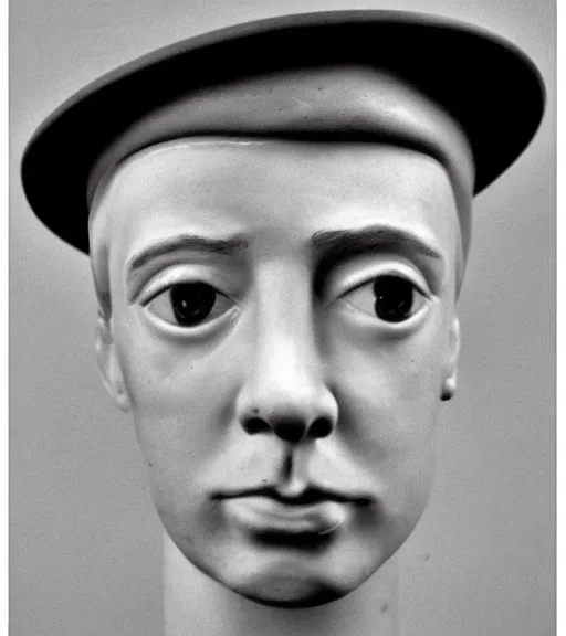 Image similar to flower pot with the face of a young Buster Keaton. Prominent cheek bones, gaunt, handsome, terracotta flowerpot growing African violets