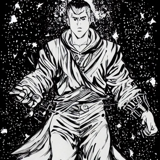 Image similar to black and white pen and ink!!!!!!! MAPPA designed Ryan Gosling x Guts wearing cosmic space robes made of stars final form flowing royal hair golden!!!! Vagabond!!!!!!!! floating magic swordsman!!!! glides through a beautiful!!!!!!! Camellia!!!! Tsubaki!!! death-flower!!!! battlefield dramatic esoteric!!!!!! Long hair flowing dancing illustrated in high detail!!!!!!!! by Moebius and Hiroya Oku!!!!!!!!! graphic novel published on 2049 award winning!!!! full body portrait!!!!! action exposition manga panel black and white Shonen Jump issue by David Lynch eraserhead and beautiful line art Hirohiko Araki!! Rossetti, Millais, Mucha, Jojo's Bizzare Adventure!!