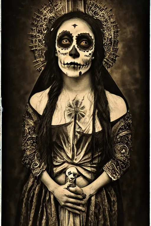 Image similar to photogravure, tintype virgin mary in dia de muertos dress and make up, horrific beautiful vibe, evocative, atmospheric lighting, painted, intricate, highly detailed, leesha hannigan, wayne haag, reyna rochin, ignacio fernandez rios, mark ryden, iris van herpen, stunning, gorgeous, sharp focus, cinematic, masterpiece