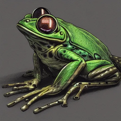 Image similar to cyberpunk frog, concept art, colorized pencil, highly detailed, Akihiko Yoshida