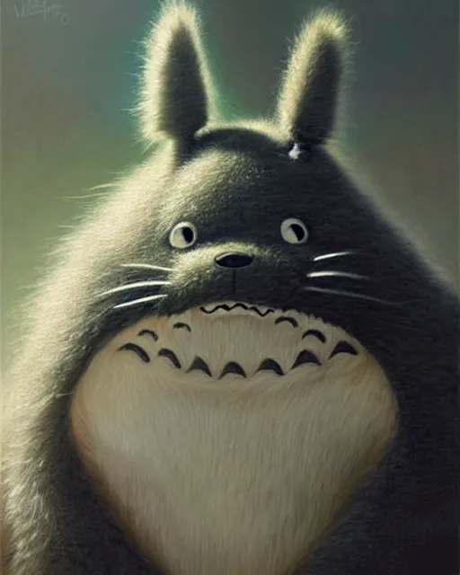 Prompt: portrait of real life totoro, hyperrealistic, very detailed fur, sharp focus, fine lines, fine art, soft colors, in rays of sunlight, detailed painting by mark arian, artgerm, bastien lecouffe - deharme