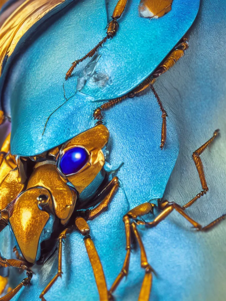 Prompt: close - up shot of a beautiful colorful beetle. insect eyes. complementary color scheme. subsurface scattering, translucency, backlit, diffused, smooth. studio photography high quality highly detailed award winning photograph by national geographic, by slim aarons, by kechun zhang. sculpture by antonio canova, renaissance painting