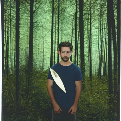 Image similar to Moonlit long shot of Shia Labeouf, eyes glinting, smiling eerily and holding a knife, peering through foliage in the forest at night, Eastman Color Negative II 100T 5247, ARRIFLEX 35 BL Camera