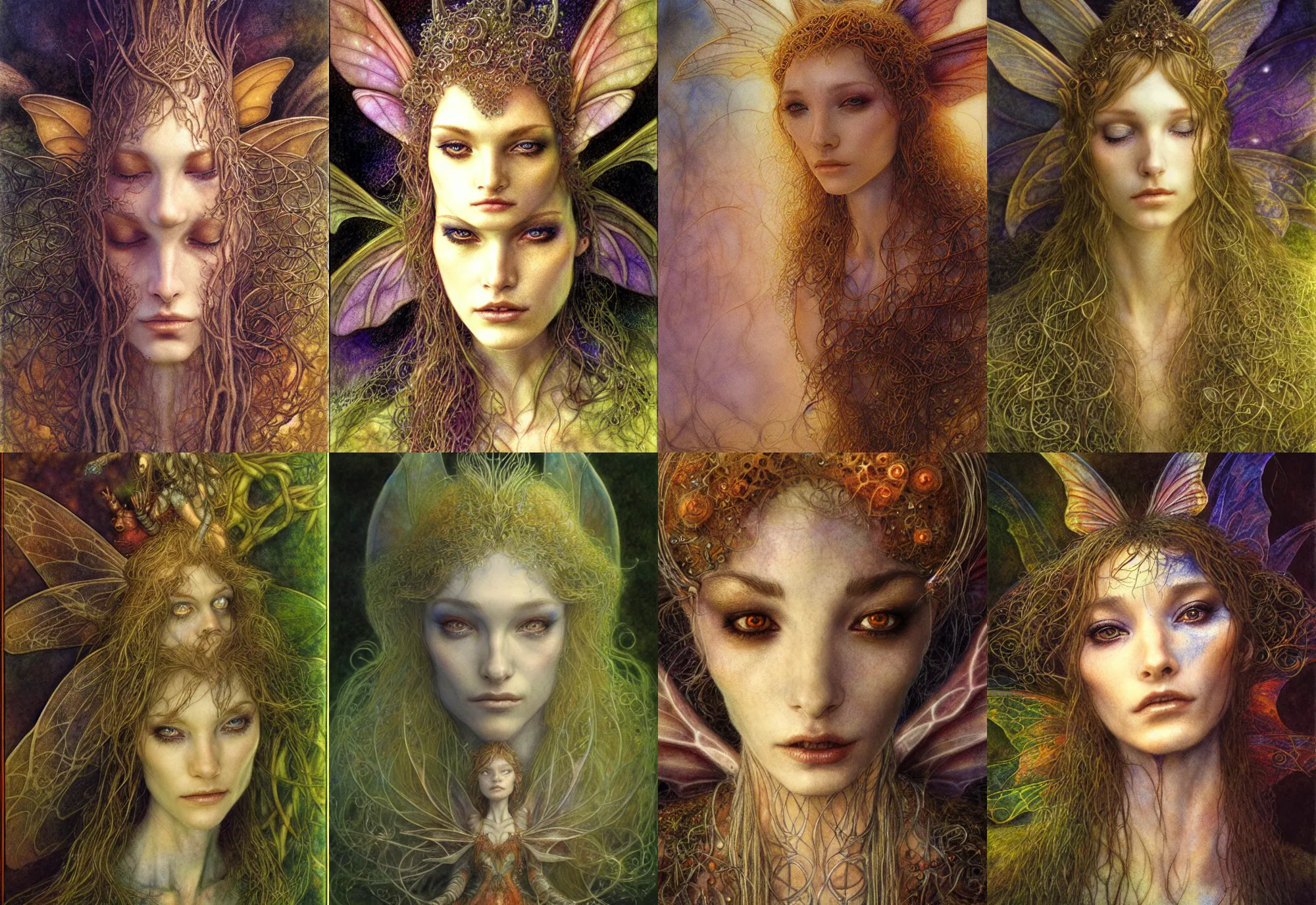 Prompt: highly detailed portrait of a faerie, art by brian froud and alan lee, global illumination, radiant light, detailed and intricate environment