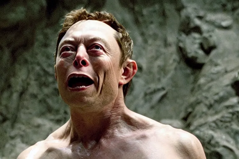 Image similar to film still of Elon Musk playing the role of Gollum Sméagol, from the movie The Lord of the Rings: The Fellowship of the Ring (2001)