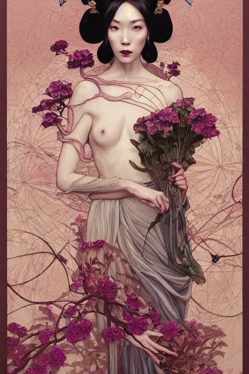 Image similar to full length portrait of a beautiful mysterious chinese fairy holding bouquet of flowers by eve ventrue, michael carson, andreas rochas, john watkiss, casey weldon, artgerm. art nouveau. tarot card by mucha. gloomhaven. swirly intricate linework background. gaudy colors, sharp edges. octane render