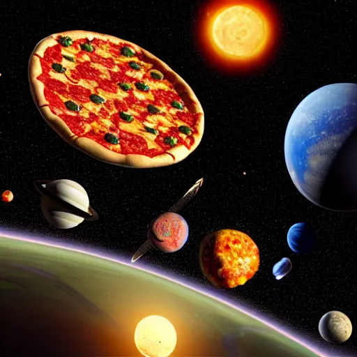 Prompt: the entire beautiful solar system with pizza instead of planets, artstation, hyperrealistic, digital art, octane render, cinematic lightning, Nvidia omniverse, unreal engine 5, highly detailed, vivid colors