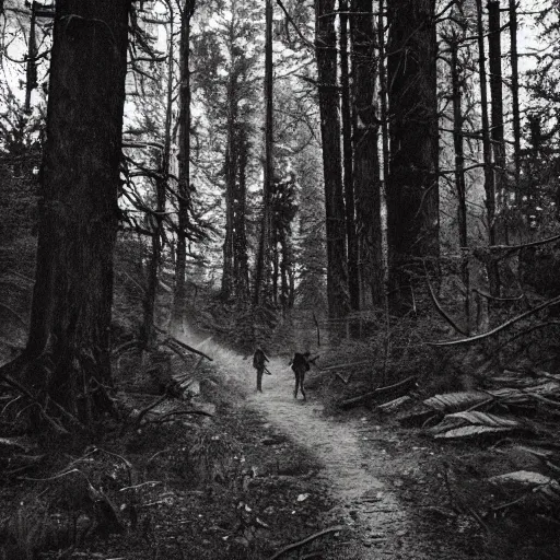 Prompt: flash photo of wendigo rushing out of the woods, dramatic, high contrast