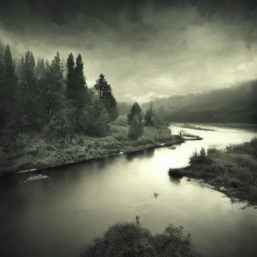 Image similar to grunge photo of a beautiful river landscape by michal karcz., taken by a disposable camera | horror | nightmare