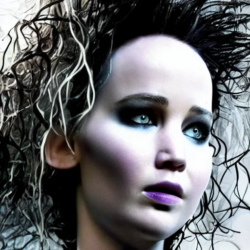 Image similar to Jennifer Lawrence as Eddy Scissorhands in Edward Scissorhands Remake, (EOS 5DS R, ISO100, f/8, 1/125, 84mm, postprocessed, crisp face, facial features)