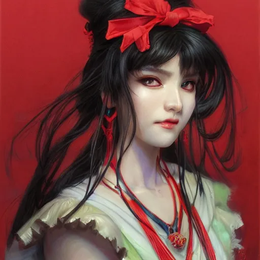 Prompt: Reimu Hakurei portrait art by Donato Giancola and Bayard Wu, digital art, trending on artstation, 4k