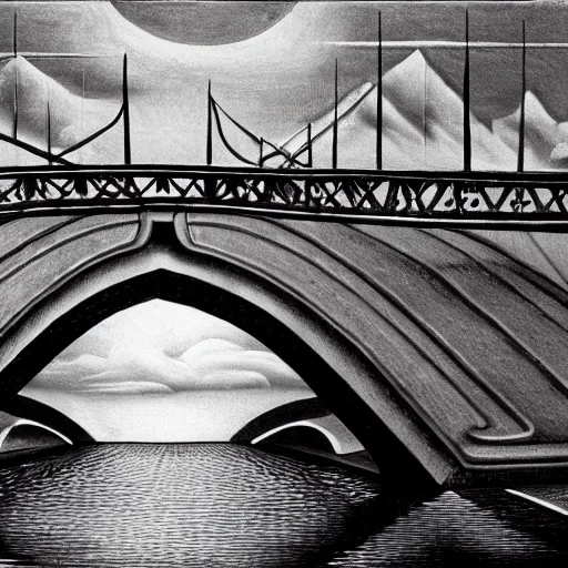 Prompt: a bridge to get over a bridge to get over a bridge to get over a bridge, mc escher, hyperrealism, photorealistic, 8 k, high resolution