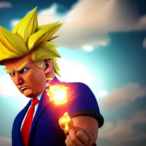 Prompt: photorealistic professional digital art of a highly detailed super sayan trump. accurate trump's face. he flies in the sky preparing a kamehameha. octane render, clear, intricate, highly detailed, unreal engine 5.