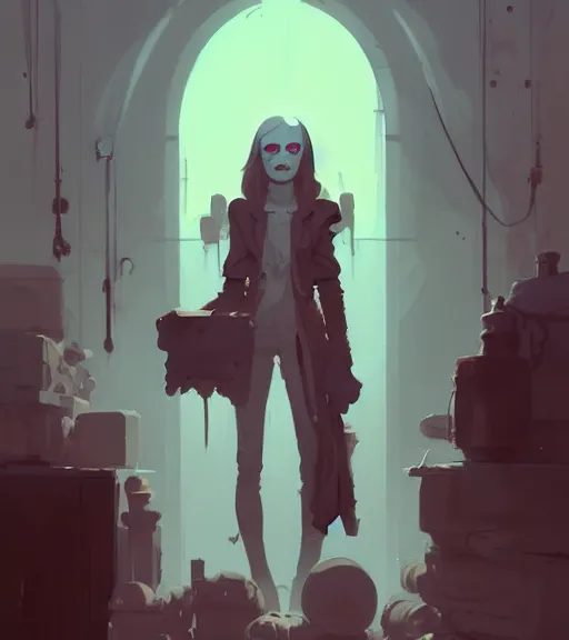 Image similar to portrait of a necromancer by atey ghailan, by greg rutkowski, by greg tocchini, by james gilleard, by joe fenton, by kaethe butcher, dynamic lighting, gradient light blue, brown, blonde cream and white color scheme, grunge aesthetic