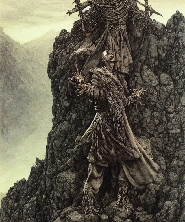 Image similar to A detailed horned crocodileman stands among the hills. Wearing a ripped mantle, robe. Perfect faces, extremely high details, realistic, fantasy art, solo, masterpiece, art by Zdzisław Beksiński, Arthur Rackham, Dariusz Zawadzki