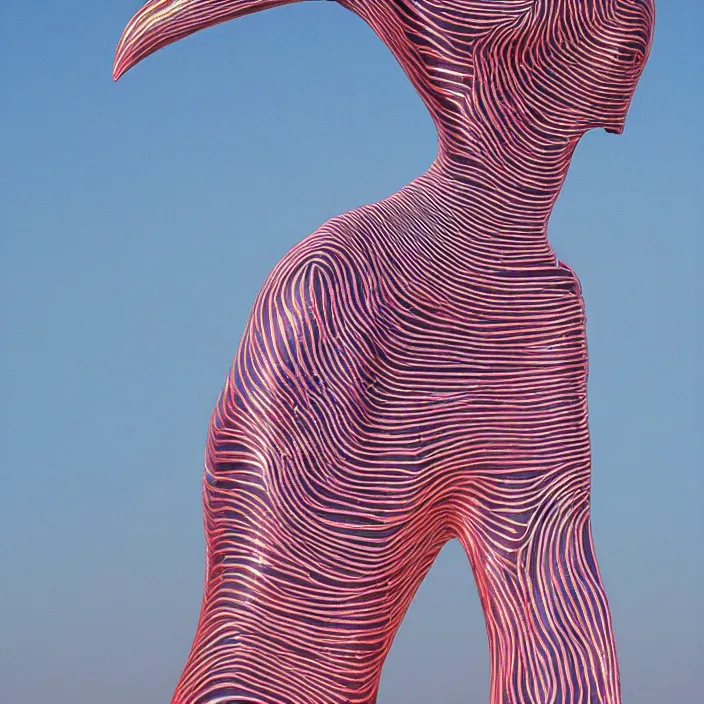 Prompt: metallic neoprene woman, feathered, nylon fashion, designed by corbusier, by alex grey, by santiago calatrava