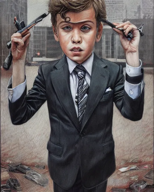 Prompt: portrait of a 7 year old child boss, gritty, serious, wearing a suit and a tie, very detailed eyes, hyperrealistic, beautiful, very detailed painting by Glenn Fabry, by Joao Ruas, by Artgerm