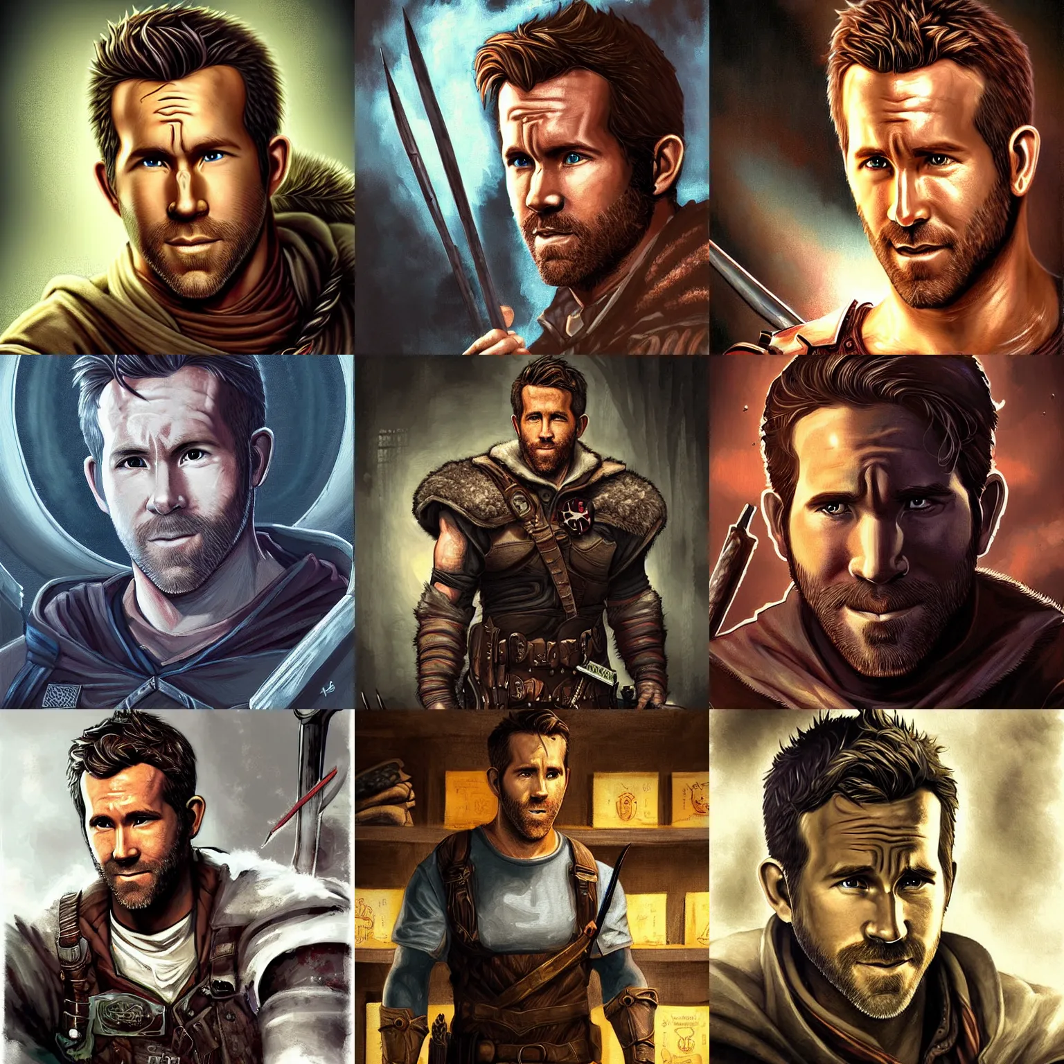 Prompt: a painting of ryan reynolds as a skyrim shopkeeper by artgerm, highly detailed, atmospheric lighting, deviantart