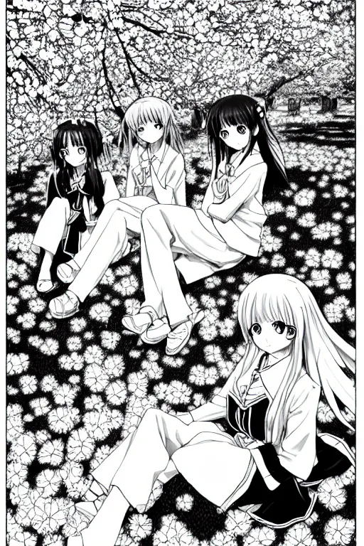 Image similar to black and white manga page, highly detailed pen, shoujo romance, two girls, first girl with long dark hair, second girl with short light hair, sailor uniform, sitting on bench, cherry blossom tree in background with petals floating, drawn by Atsushi Ohkubo