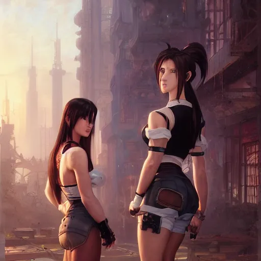 Image similar to a painting of tifa lockhart and aerith gainsborough from final fantasy 7, standard clothing from the conceptual art, the midgard steam punk city as backdrop, by greg rutkowski, artgerm, wlop, ruan jia, krenz cushart, alphonse mucha, rain, fog, unreal engine 5