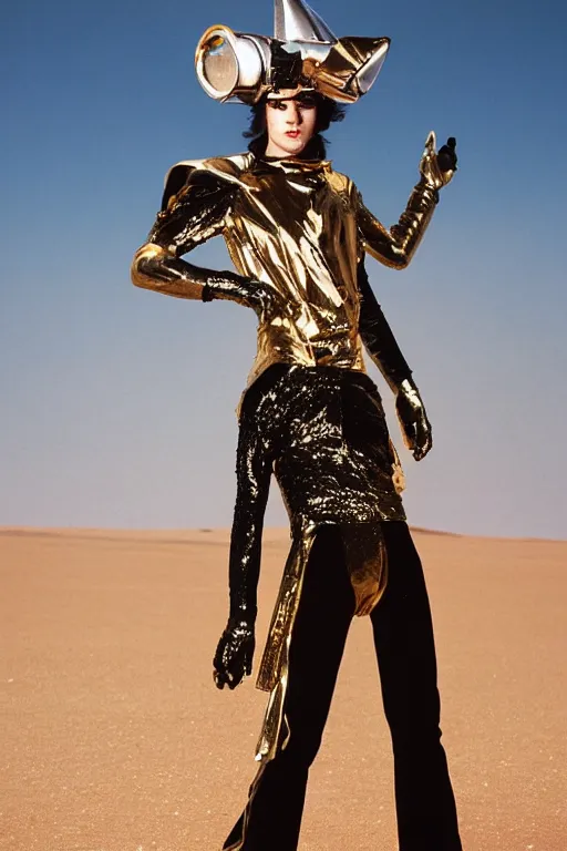 Image similar to portrait davis taylor brown dressed in 1 9 8 1 space fantasy fashion, avante garde, shiny metal, standing in a desert