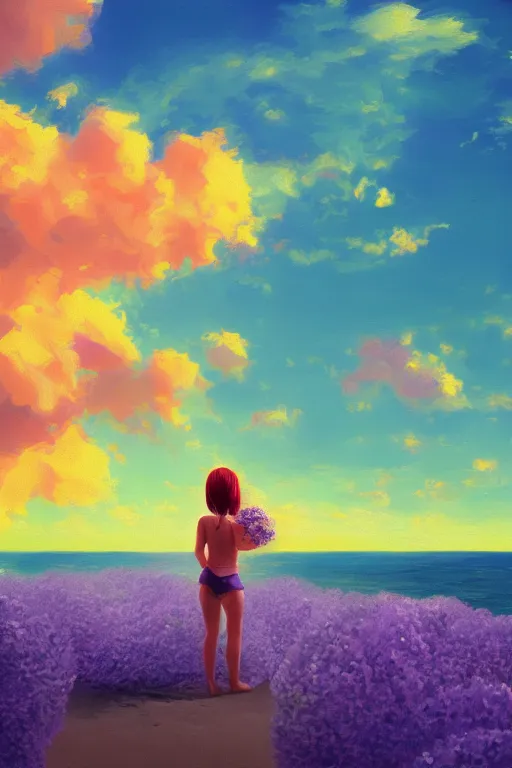 Image similar to closeup, giant lilac flower head, girl on beach, surreal photography, golden hour, colorful clouds, impressionist painting, digital painting, artstation, simon stalenhag