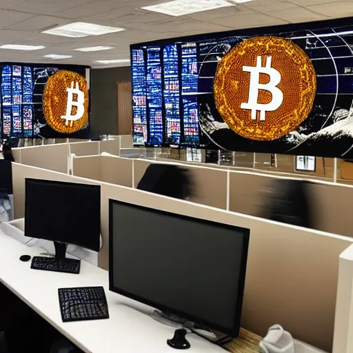 Image similar to a mountain made out of computer screens in a crowded office with cubicles, the computer screens have bitcoin logos, unreal engine 5, harsh contrast lighting