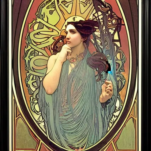 Prompt: keeper of secrets by alphonse mucha