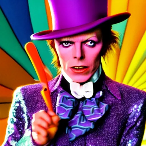 Image similar to stunning awe inspiring david bowie as willy wonka movie still 8 k hdr atmospheric lighting