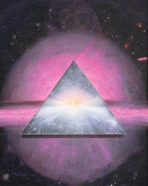 Prompt: centered, light line triangle in the middle of the galaxy with a full moon inscripted inside, pink floyd, hyperrealism