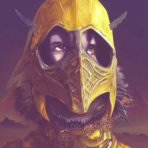 Image similar to realistic portrait of a pale yellow knight in front of mount kilimanjaro, gothic style, festive colors, digital art, trending on artstation, high quality, extreme detail, high quality, hyperdetailed