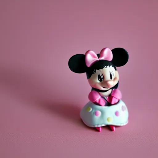 Prompt: product photograph of small miney mouse figurine by isabel han : 6 girly, delicate, soft, cute, collectible, toys figures, kawaii, toys, pastel colors, white background : 3