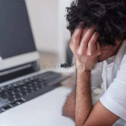 Prompt: sad person arguing with a laptop, stock image