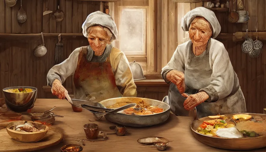 Image similar to old eastern lady cooking in her old wooden kitchen, pan and plates, hyperdetailed, artstation, cgsociety, 8 k