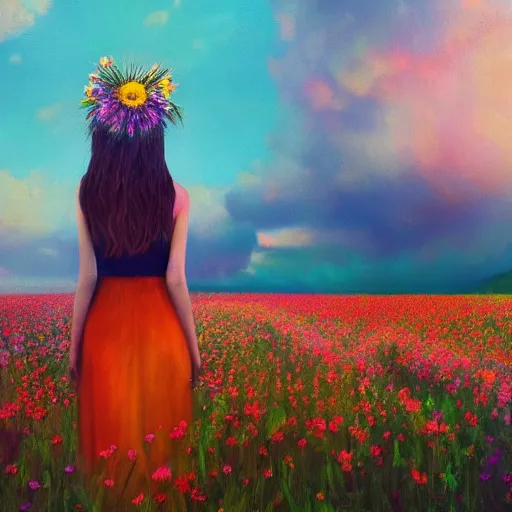 Image similar to girl with a singular flower for a head, surreal photography, dream, standing in flower field, magical, in a valley, sunrise dramatic light, impressionist painting, colorful clouds, artstation, simon stalenhag, flower face