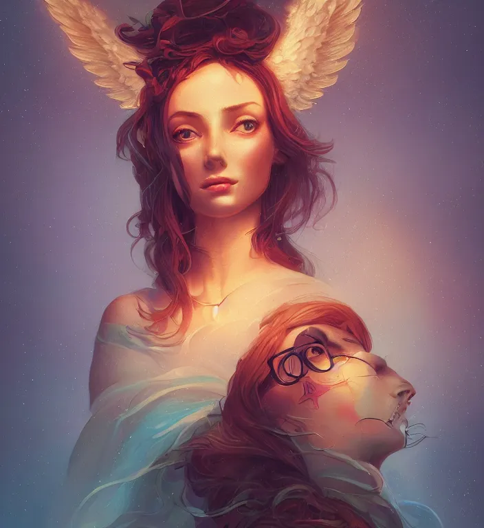 Image similar to centered waist up portrait photography an angel + bokeh + DOF + 8k, photorealistic + rendered in octane + illustration by Peter Mohrbacher, line work by Dan Mumford