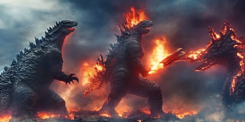 Image similar to photo of godzilla in a giant scale action movie battle, chaos and funny looking fases and body poses, debries, rubble, fire, special effects