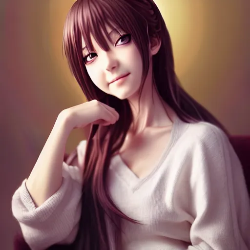 Image similar to beautiful serene intricate portrait of a realistic anime woman, smiling softly, wearing casual clothes, relaxing on the couch, interior lighting, cozy living room interior, soft focus, 8 k, art by irakli nadar, hyperrealism, hyperdetailed, ultra realistic