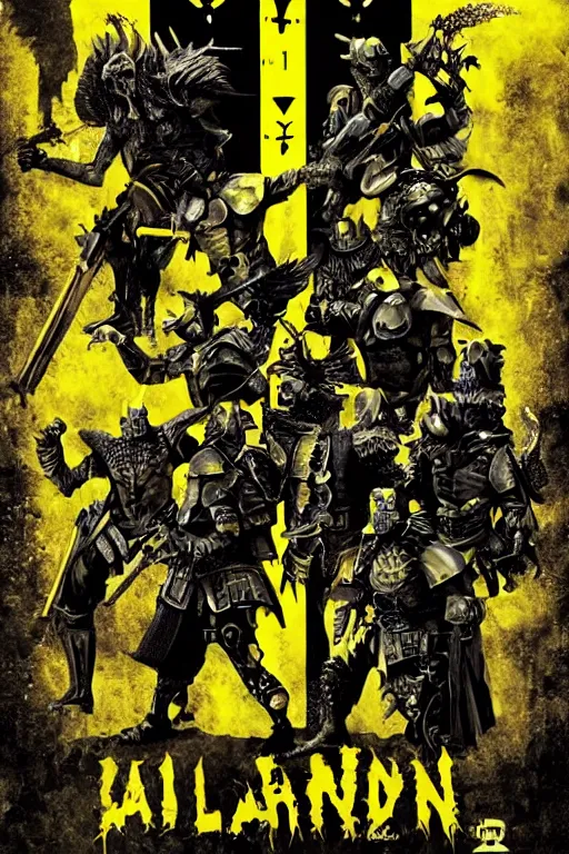 Prompt: armored barbarians, loaded with weapons and animal skulls, horror sci - fi black and yellow poster