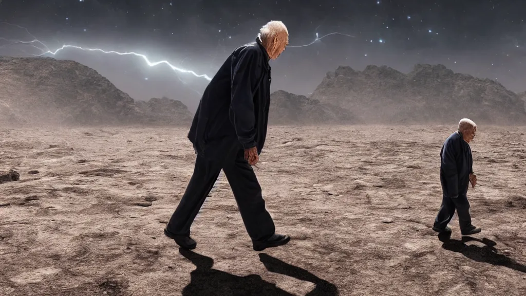 Image similar to an elderly man walking on a planet. close bottom view. whole body. nebula background. cinematic composition. cinematic lightning. ultra realistic. 8 k. highly detailled. deep space. ultra realistic details. cinematic atmosphere. studio lighting. shadows. dark background.