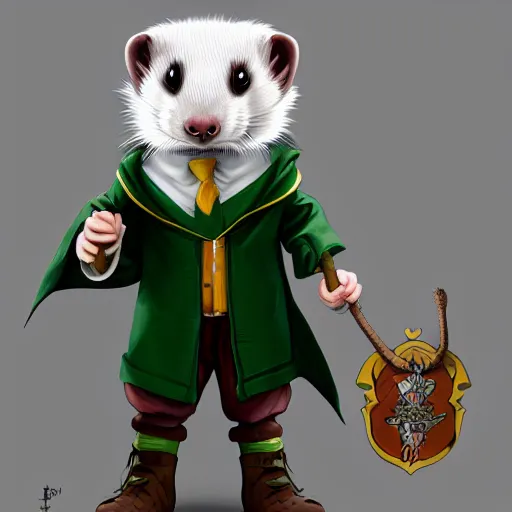 Image similar to a anthropomorphic ferret is dressed as a hogwarts student in slytherin robes, hyperdetailed, artstation, cgsociety, 8 k