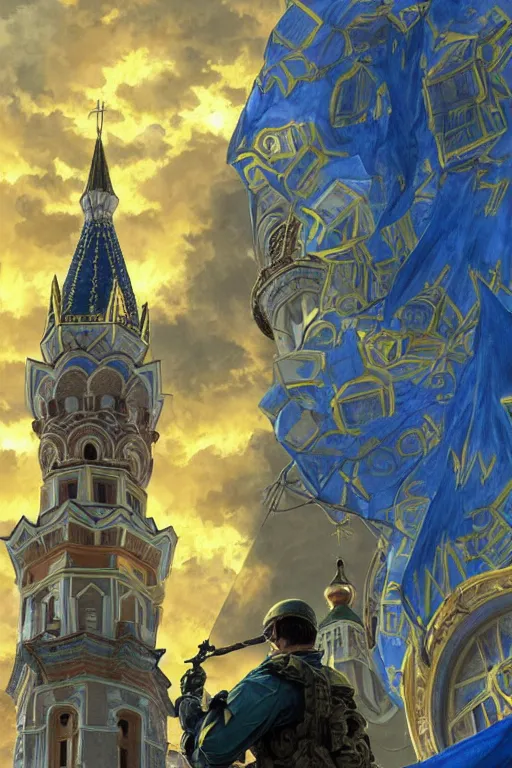 Image similar to special forces soldier raising ukrainian blue and yellow flag on st. basil cathedral, masculine figure, d & d, fantasy, bright atmosphere, volumetric lights, intricate, elegant, extremely detailed, digital painting, artstation, concept art, matte, smooth, sharp focus, hyper realistic, illustration, art by artgerm and greg rutkowski and alphonse mucha