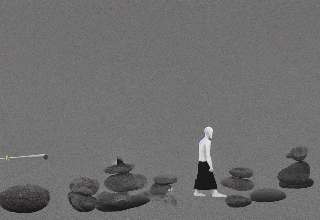 Prompt: portrait of a lone monk raking stones in a beautiful serene zen garden kyoto, japan, a collage painting, in the style of wes anderson, lola dupre, david hockney, isolated on negative white space background dark monochrome fluorescent neon spraypaint accents volumetric octane render